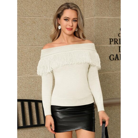 Women's Fringe Top Acrylic Polyester Nylon Slim Fit Off Shoulder Sweater - Picture 6 of 8